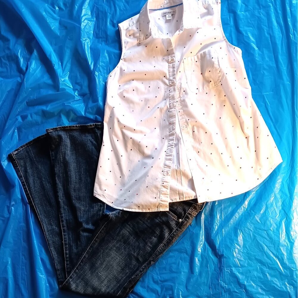 JEANS & TOP SET: STAR-SPANGLED SLEEVELESS SHIRT W/ ROCK & REPUBLIC JEANS, PETITE